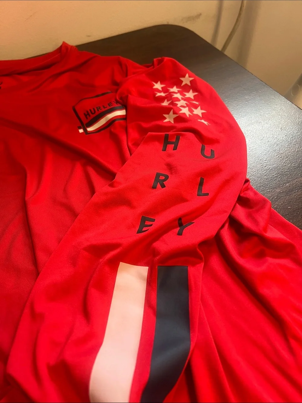 Hurley Men's Long Sleeve Athletic Tee in Bright Red with Sleeve Graphics